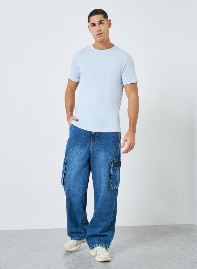 Styli Men Light Blue Crew Neck Cotton Blend T-Shirt - Image 1